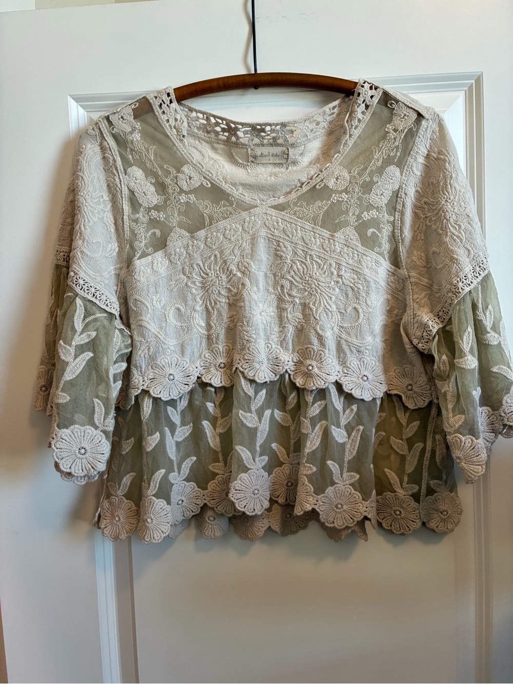 Altrd State Embroidered Lace Layered Peasant Top in Cream and Sage